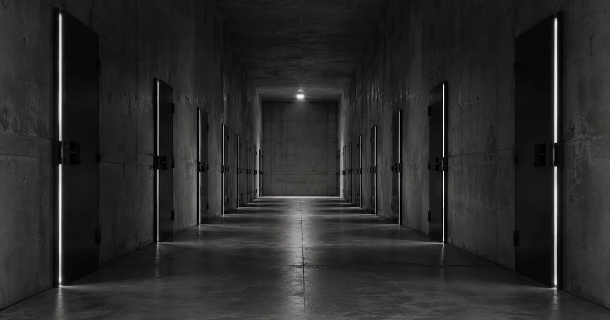 A dark concrete corridor lined with steel doors, every one standing open a few inches, lit by a single fixture at the far end.