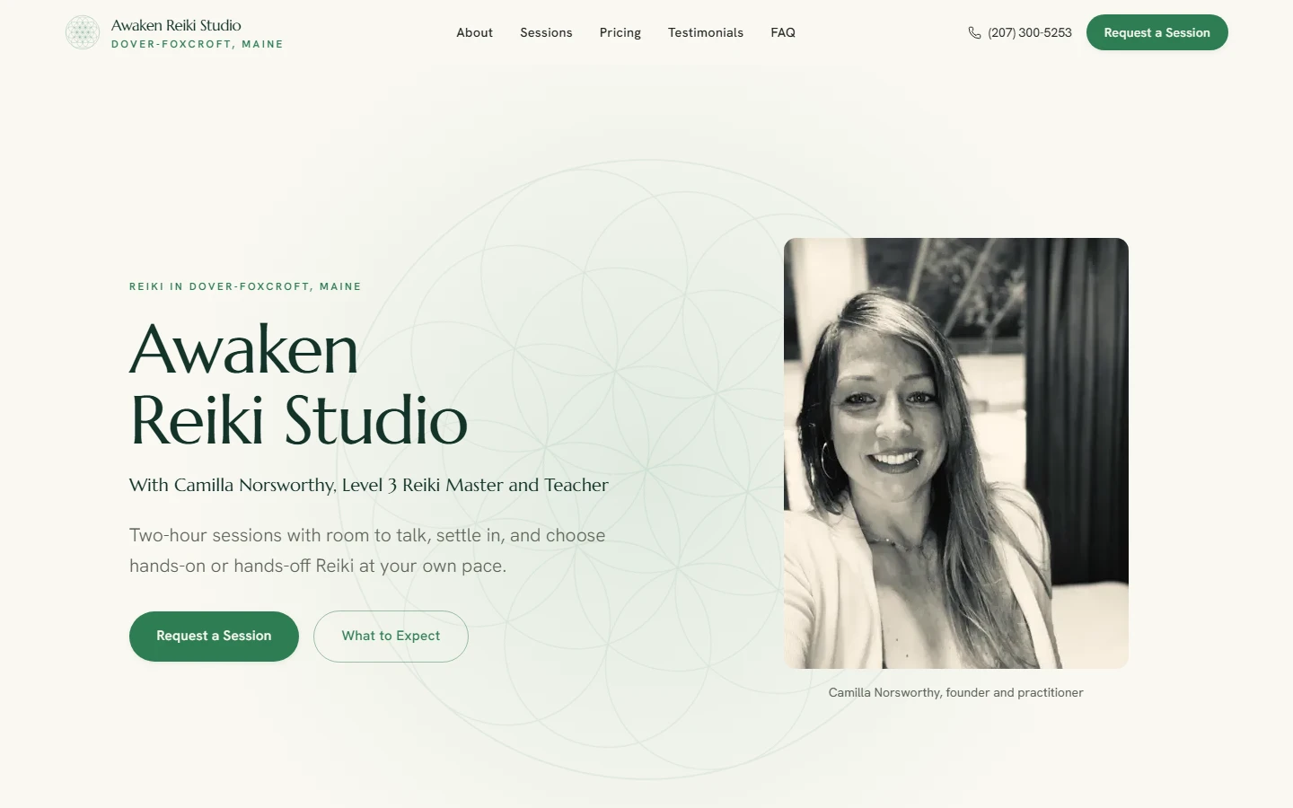 Awaken Reiki Studio homepage with a soft neutral design and custom Flower of Life emblem