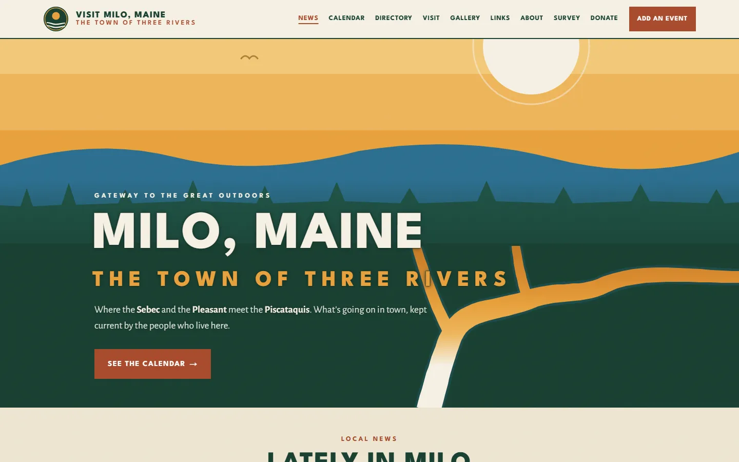 Visit Milo, Maine homepage with an illustration of three rivers meeting under a low sun