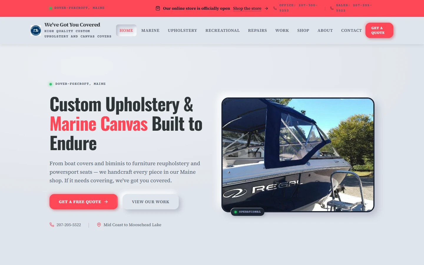 We've Got You Covered homepage showing custom marine canvas and upholstery services